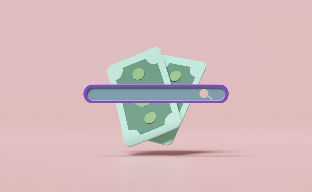 3D illustration of two dollar bills behind a stylized search bar, symbolising the concept of paywalls or monetising online content, on a pink background.