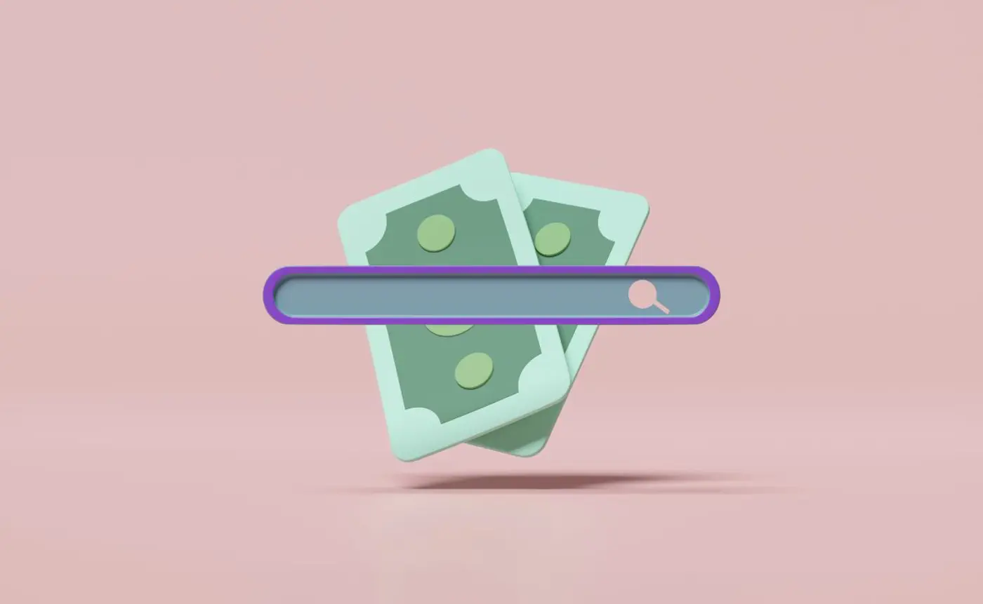 3D illustration of two dollar bills behind a stylized search bar, symbolising the concept of paywalls or monetising online content, on a pink background.