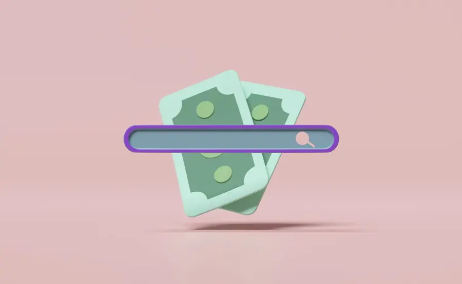 3D illustration of two dollar bills behind a stylized search bar, symbolising the concept of paywalls or monetising online content, on a pink background.