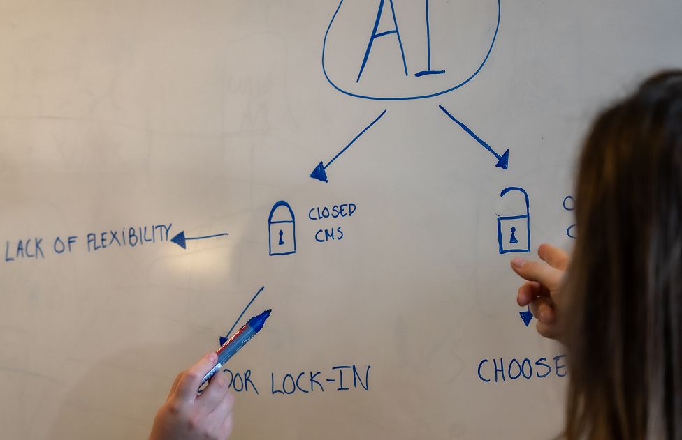 A person draws a decision tree diagram on a whiteboard with blue marker, showing "AI" at the top branching into two locked options labeled "CLOSED CMS" and "CHOOSE," with additional branches showing "LACK OF FLEXIBILITY" and "FOR LOCK-IN" as considerations.