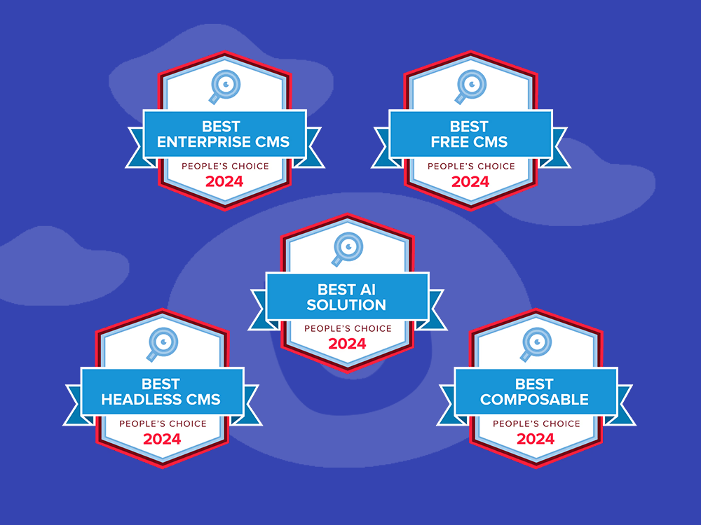 Five "People's Choice 2024" award badges displaying categories for Best Enterprise CMS, Best Free CMS, Best AI Solution, Best Headless CMS, and Best Composable, arranged in a circular pattern on a blue background with a magnifying glass icon on each badge.