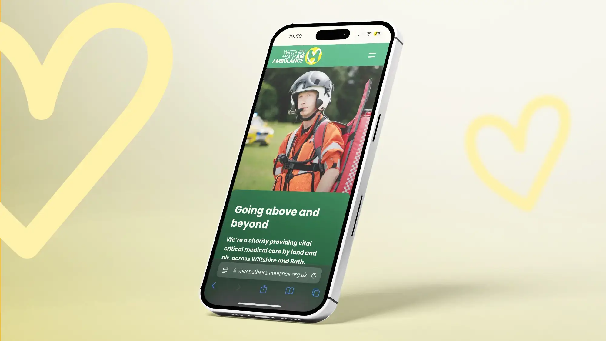 Wiltshire & Bath Air Ambulance website on phone with heart graphics